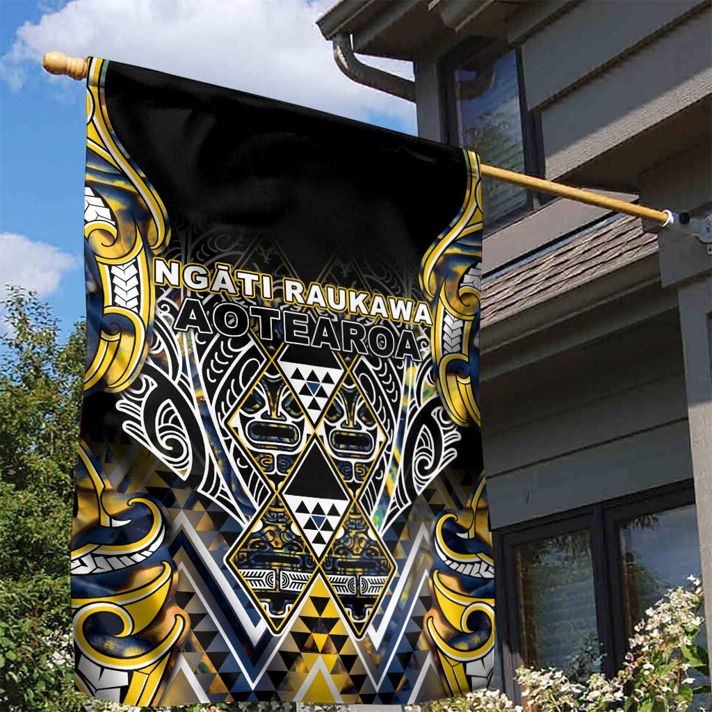 Aotearoa Ngati Raukawa Garden Flag Maori Tribal Yellow And Navy Paua Shell Pattern DT05 - Polynesian Pride