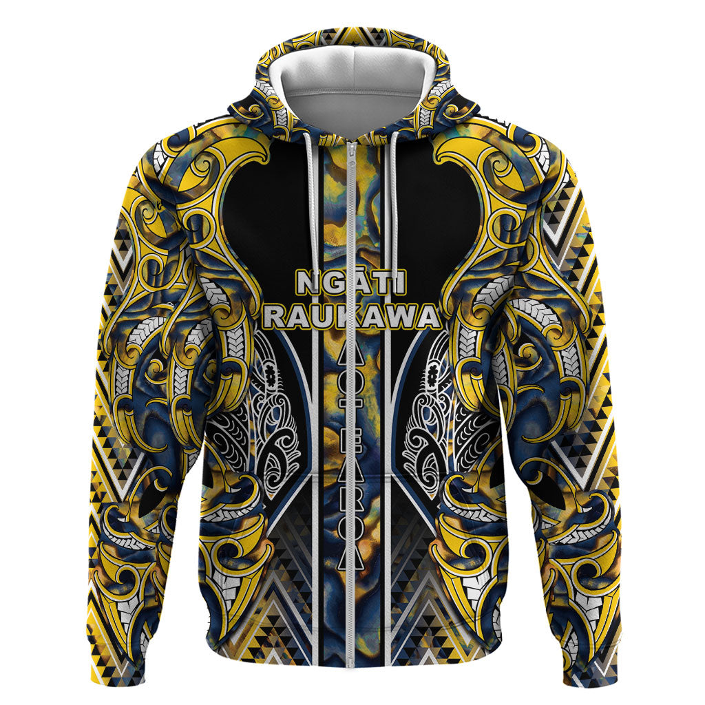 Aotearoa Ngati Raukawa Hoodie Maori Tribal Yellow And Navy Paua Shell Pattern DT05 Zip Hoodie Yellow - Polynesian Pride