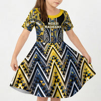 Aotearoa Ngati Raukawa Kid Short Sleeve Dress Maori Tribal Yellow And Navy Paua Shell Pattern DT05 KID Yellow - Polynesian Pride
