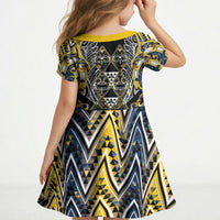 Aotearoa Ngati Raukawa Kid Short Sleeve Dress Maori Tribal Yellow And Navy Paua Shell Pattern DT05 - Polynesian Pride