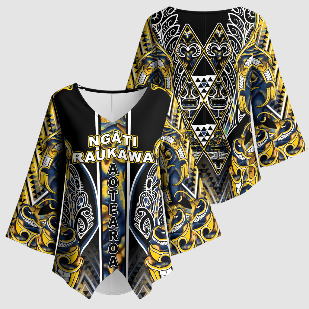 Aotearoa Ngati Raukawa Kimono Sleeve Blouse Maori Tribal Yellow And Navy Paua Shell Pattern DT05 - Polynesian Pride
