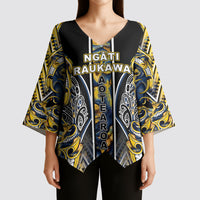 Aotearoa Ngati Raukawa Kimono Sleeve Blouse Maori Tribal Yellow And Navy Paua Shell Pattern DT05 - Polynesian Pride