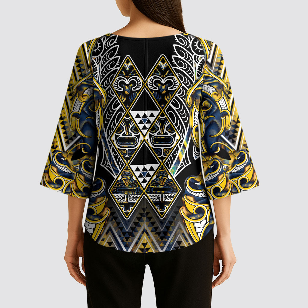 Aotearoa Ngati Raukawa Kimono Sleeve Blouse Maori Tribal Yellow And Navy Paua Shell Pattern DT05 - Polynesian Pride