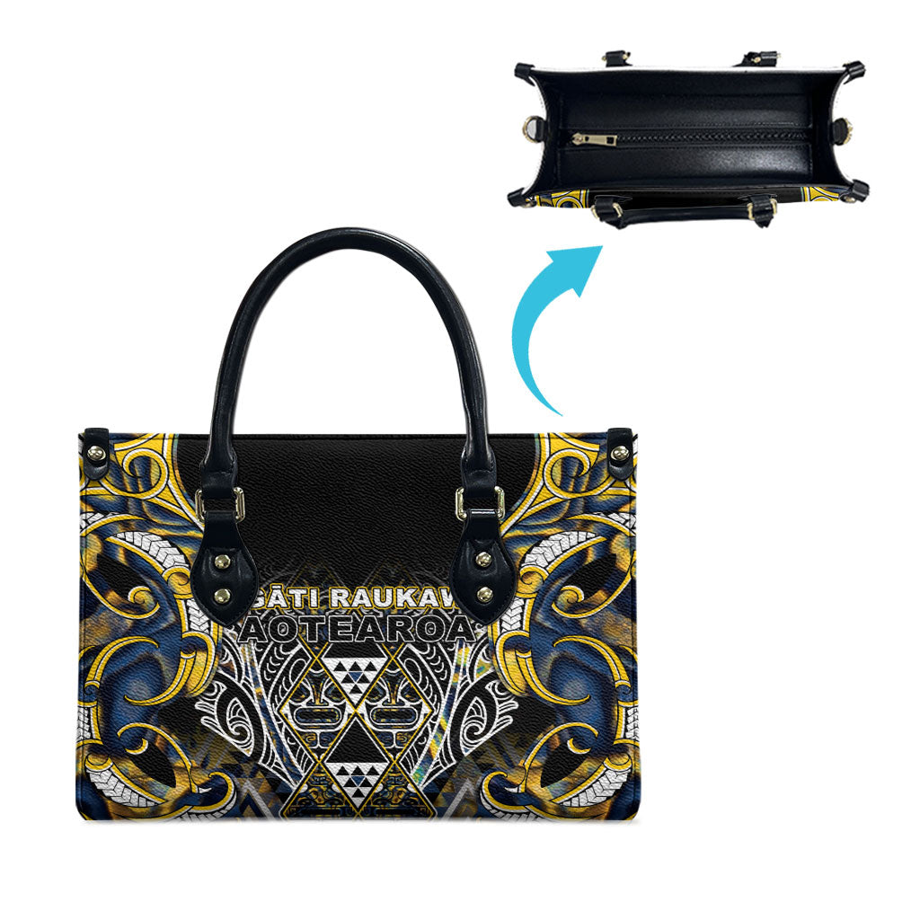 Aotearoa Ngati Raukawa Leather Bag Maori Tribal Yellow And Navy Paua Shell Pattern DT05 - Polynesian Pride