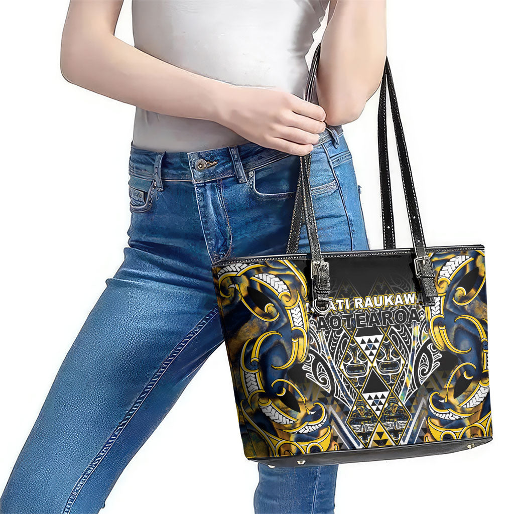 Aotearoa Ngati Raukawa Leather Tote Bag Maori Tribal Yellow And Navy Paua Shell Pattern DT05 - Polynesian Pride
