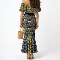 Aotearoa Ngati Raukawa Mermaid Dress Maori Tribal Yellow And Navy Paua Shell Pattern DT05 - Polynesian Pride