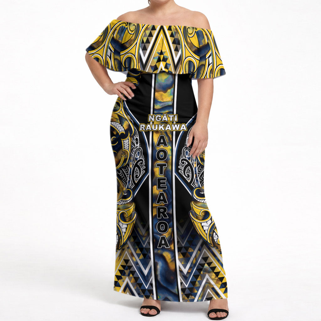 Aotearoa Ngati Raukawa Off Shoulder Maxi Dress Maori Tribal Yellow And Navy Paua Shell Pattern DT05 Women Yellow - Polynesian Pride