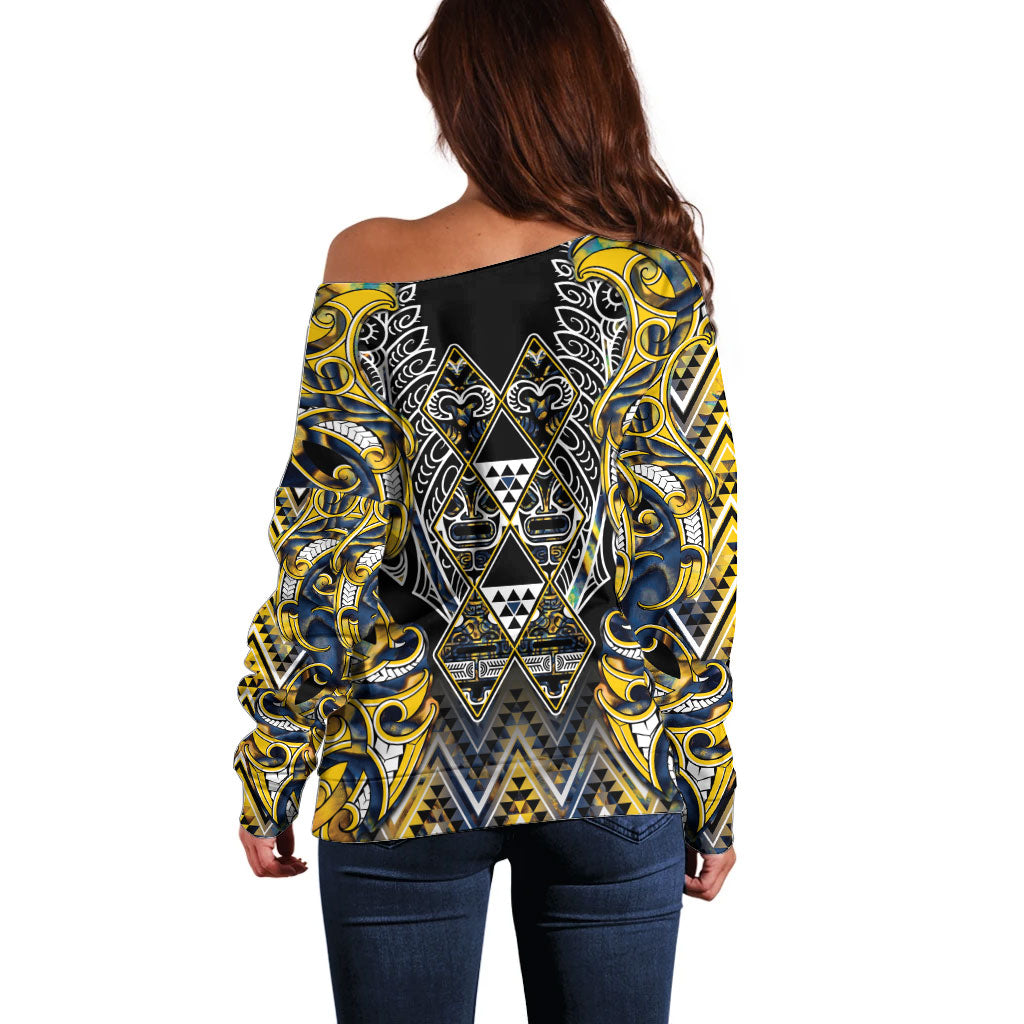 Aotearoa Ngati Raukawa Off Shoulder Sweater Maori Tribal Yellow And Navy Paua Shell Pattern DT05 - Polynesian Pride