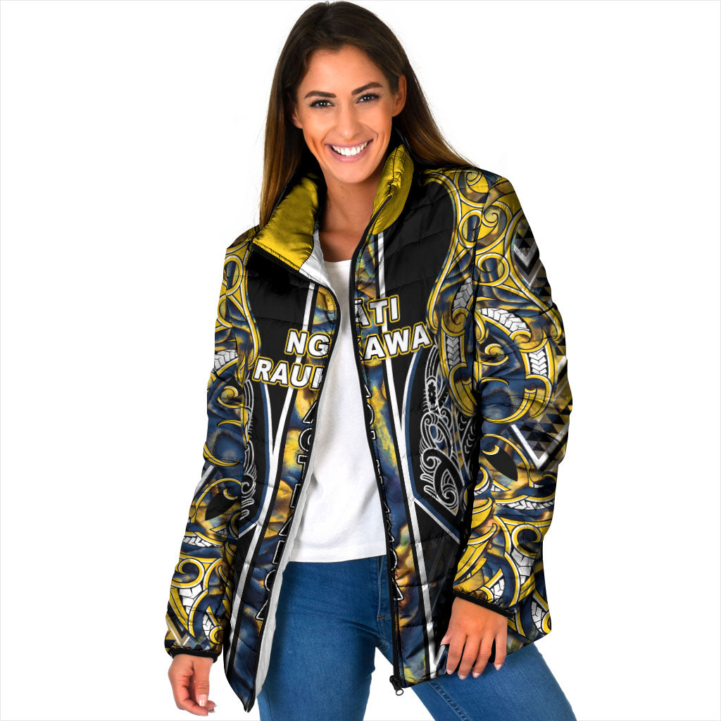 Aotearoa Ngati Raukawa Padded Jacket Maori Tribal Yellow And Navy Paua Shell Pattern DT05 Women Yellow - Polynesian Pride