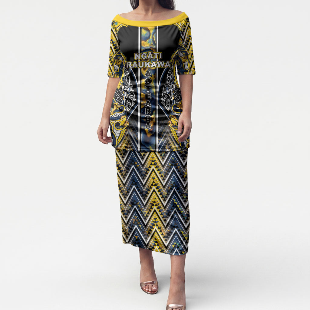 Aotearoa Ngati Raukawa Puletasi Maori Tribal Yellow And Navy Paua Shell Pattern DT05 Long Dress Yellow - Polynesian Pride