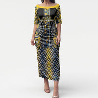Aotearoa Ngati Raukawa Puletasi Maori Tribal Yellow And Navy Paua Shell Pattern DT05 Long Dress Yellow - Polynesian Pride
