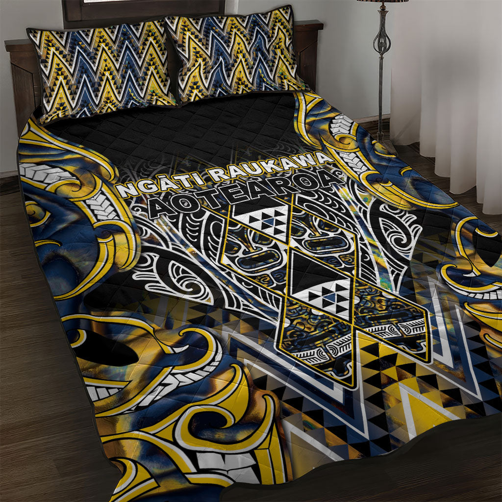 Aotearoa Ngati Raukawa Quilt Bed Set Maori Tribal Yellow And Navy Paua Shell Pattern DT05 Yellow - Polynesian Pride