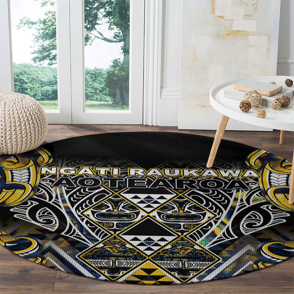 Aotearoa Ngati Raukawa Round Carpet Maori Tribal Yellow And Navy Paua Shell Pattern DT05 - Polynesian Pride