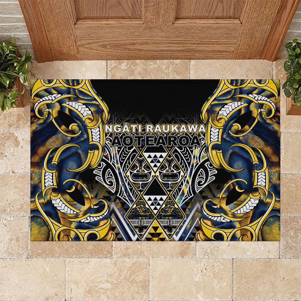 Aotearoa Ngati Raukawa Rubber Doormat Maori Tribal Yellow And Navy Paua Shell Pattern DT05 Yellow - Polynesian Pride