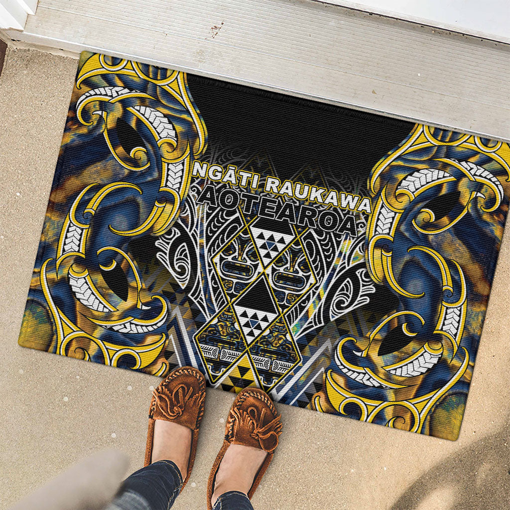 Aotearoa Ngati Raukawa Rubber Doormat Maori Tribal Yellow And Navy Paua Shell Pattern DT05 - Polynesian Pride