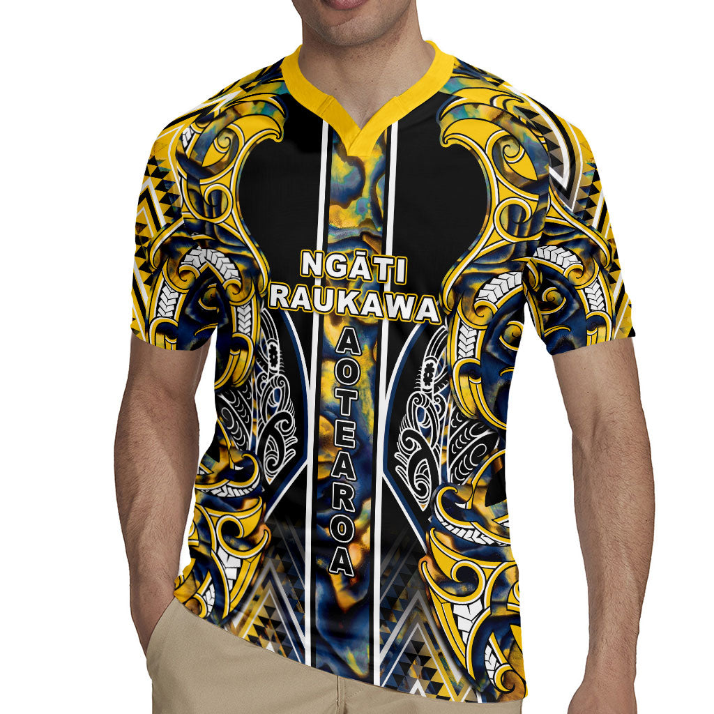 Aotearoa Ngati Raukawa Rugby Jersey Maori Tribal Yellow And Navy Paua Shell Pattern DT05 - Polynesian Pride