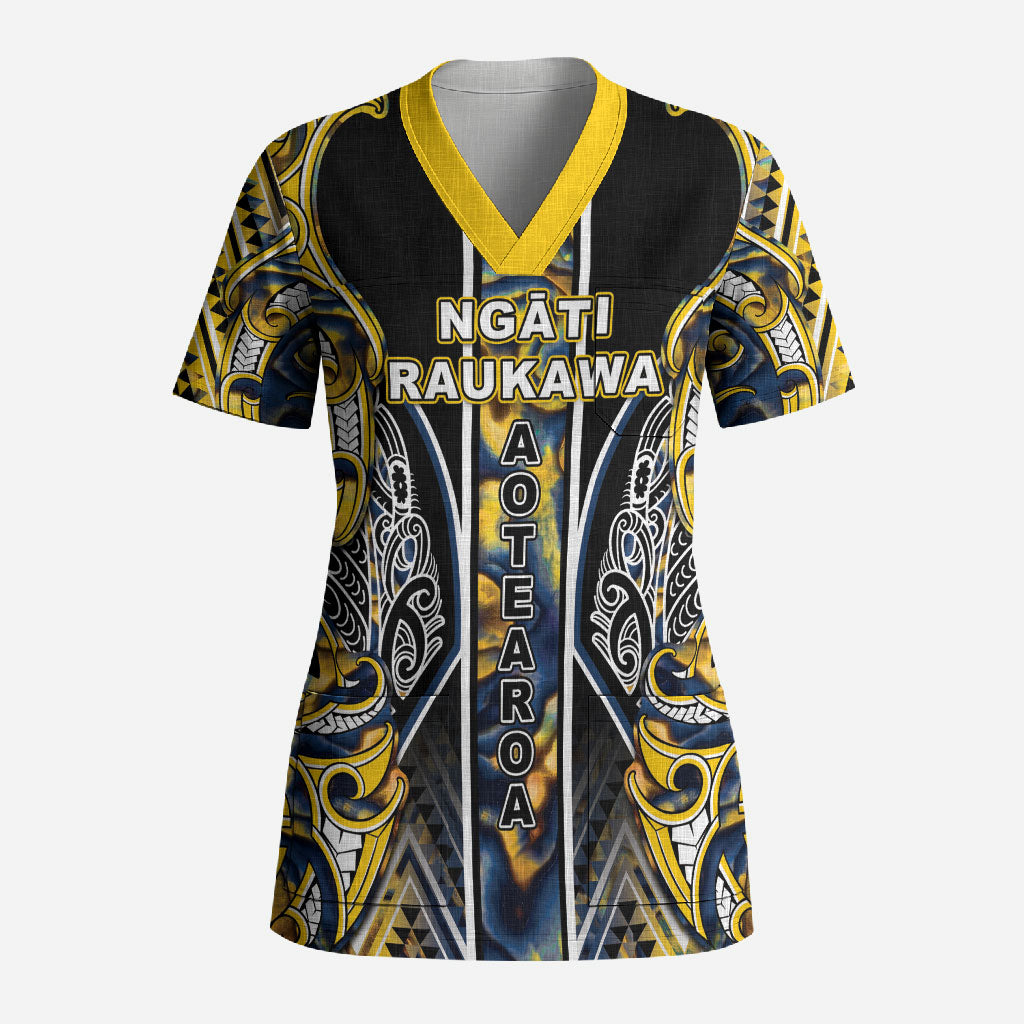 Aotearoa Ngati Raukawa Scrub Top Maori Tribal Yellow And Navy Paua Shell Pattern DT05 Adult Yellow - Polynesian Pride