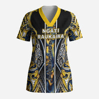 Aotearoa Ngati Raukawa Scrub Top Maori Tribal Yellow And Navy Paua Shell Pattern DT05 Adult Yellow - Polynesian Pride