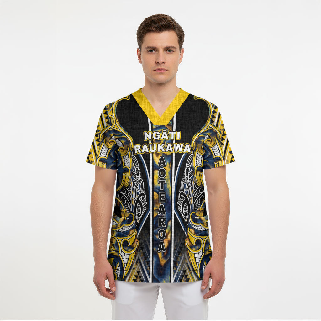Aotearoa Ngati Raukawa Scrub Top Maori Tribal Yellow And Navy Paua Shell Pattern DT05 - Polynesian Pride