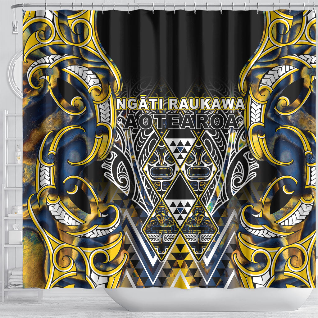 Aotearoa Ngati Raukawa Shower Curtain Maori Tribal Yellow And Navy Paua Shell Pattern DT05 - Polynesian Pride