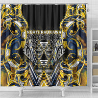 Aotearoa Ngati Raukawa Shower Curtain Maori Tribal Yellow And Navy Paua Shell Pattern DT05 - Polynesian Pride