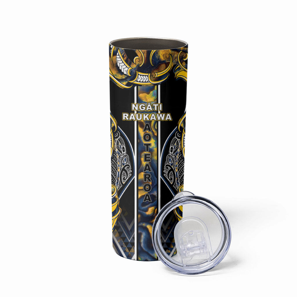 Aotearoa Ngati Raukawa Skinny Tumbler Maori Tribal Yellow And Navy Paua Shell Pattern DT05 - Polynesian Pride