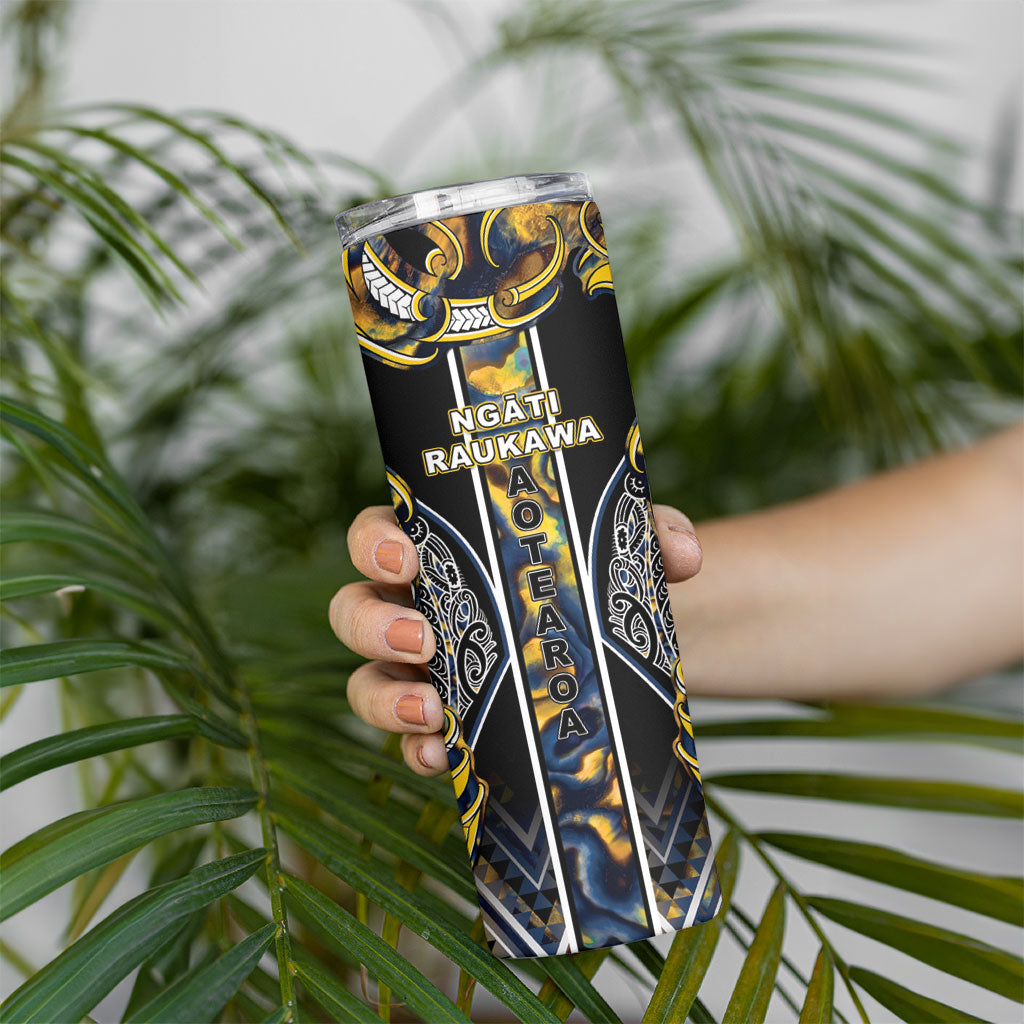 Aotearoa Ngati Raukawa Skinny Tumbler Maori Tribal Yellow And Navy Paua Shell Pattern DT05 - Polynesian Pride