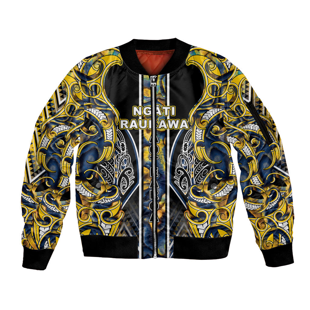 Aotearoa Ngati Raukawa Sleeve Zip Bomber Jacket Maori Tribal Yellow And Navy Paua Shell Pattern DT05 Unisex Yellow - Polynesian Pride