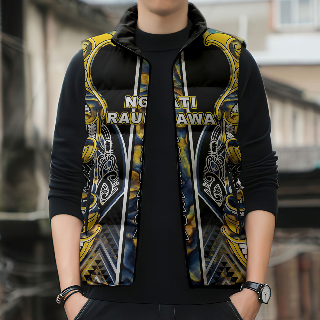 Aotearoa Ngati Raukawa Sleeveless Puffer Jacket Maori Tribal Yellow And Navy Paua Shell Pattern DT05 - Polynesian Pride