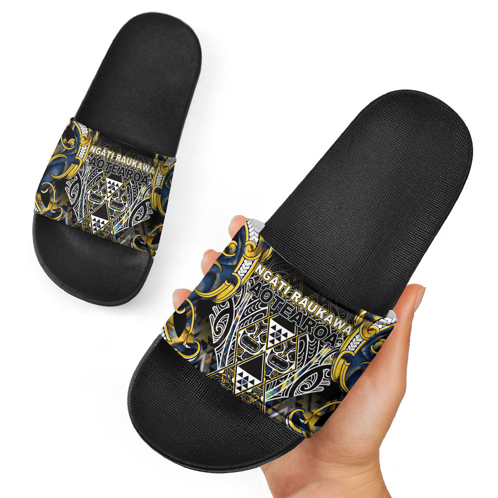 Aotearoa Ngati Raukawa Slide Sandals Maori Tribal Yellow And Navy Paua Shell Pattern DT05 - Polynesian Pride