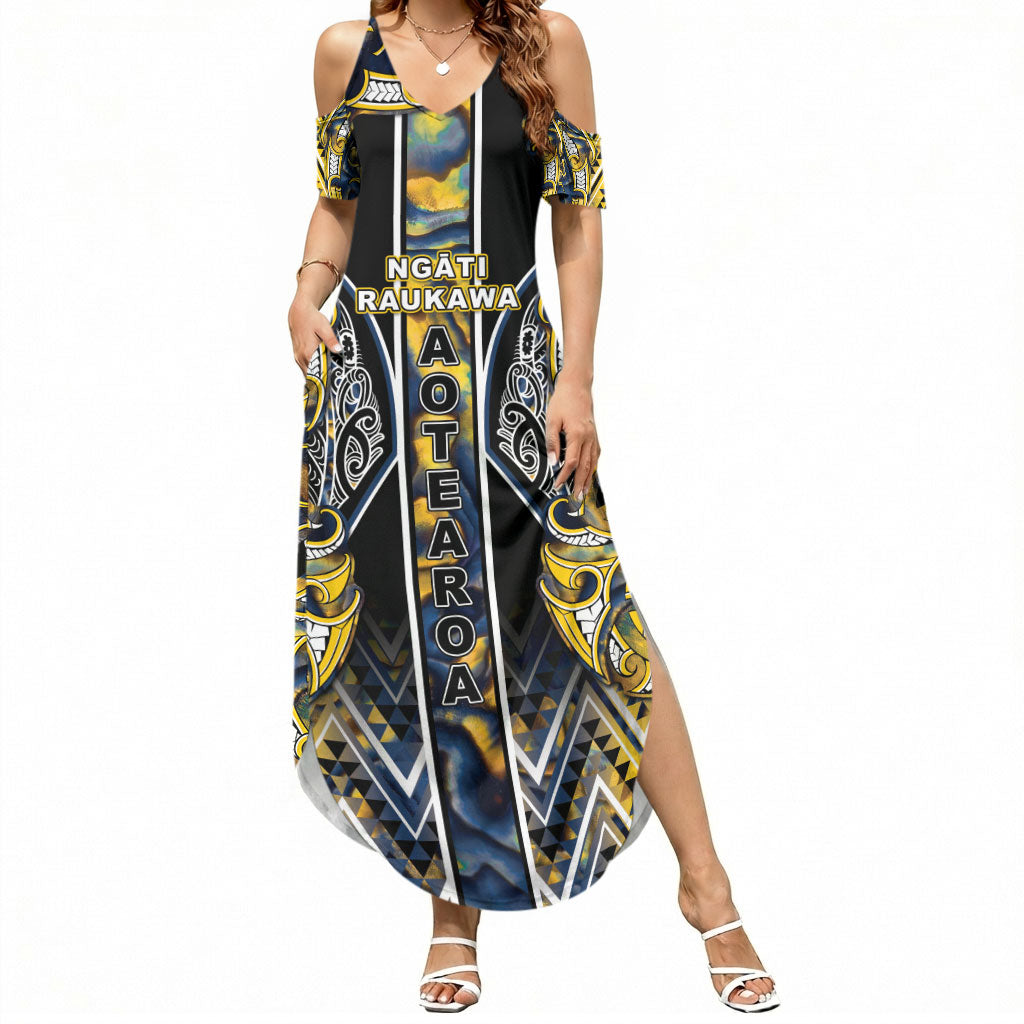 Aotearoa Ngati Raukawa Summer Maxi Dress Maori Tribal Yellow And Navy Paua Shell Pattern DT05 Women Yellow - Polynesian Pride