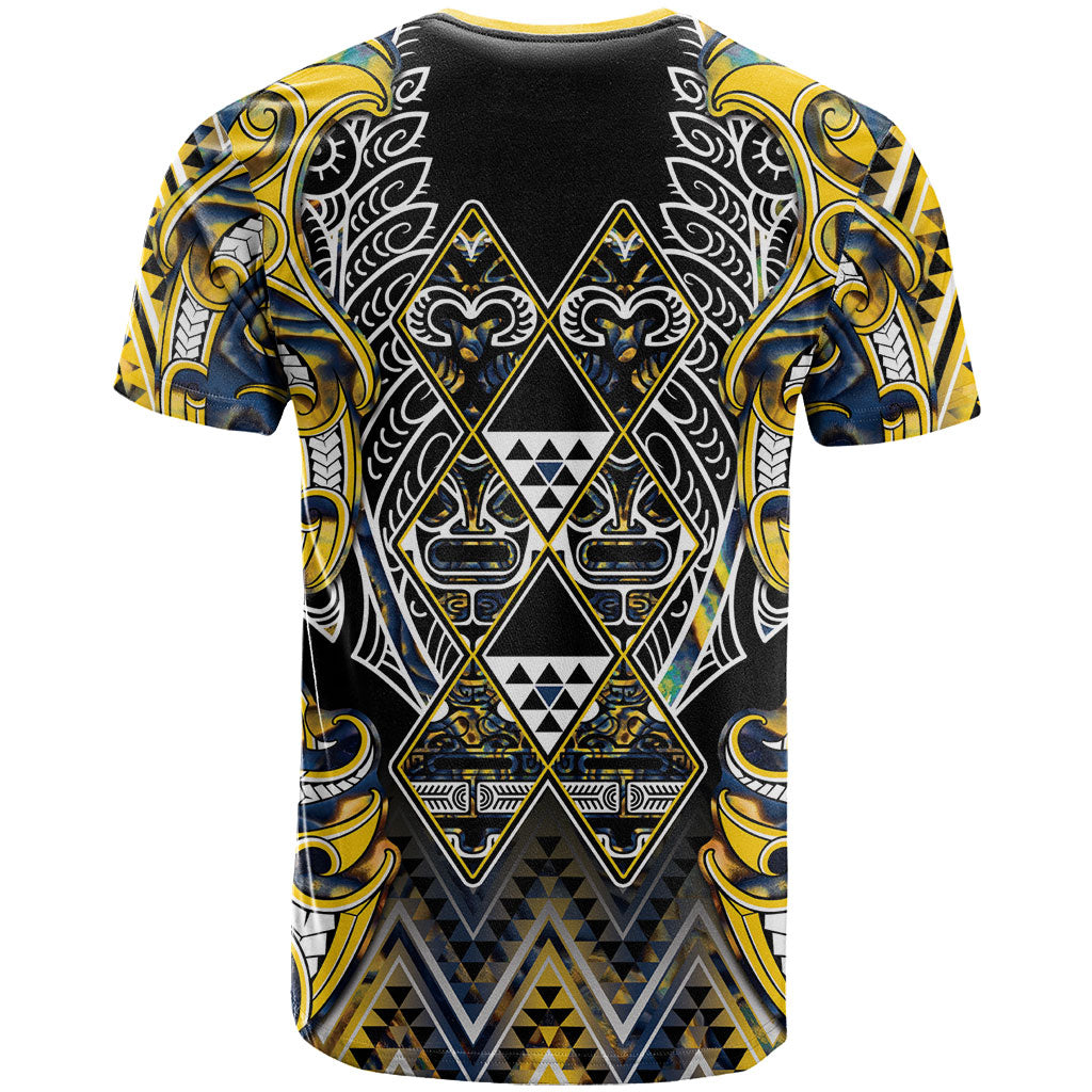Aotearoa Ngati Raukawa T Shirt Maori Tribal Yellow And Navy Paua Shell Pattern DT05 - Polynesian Pride