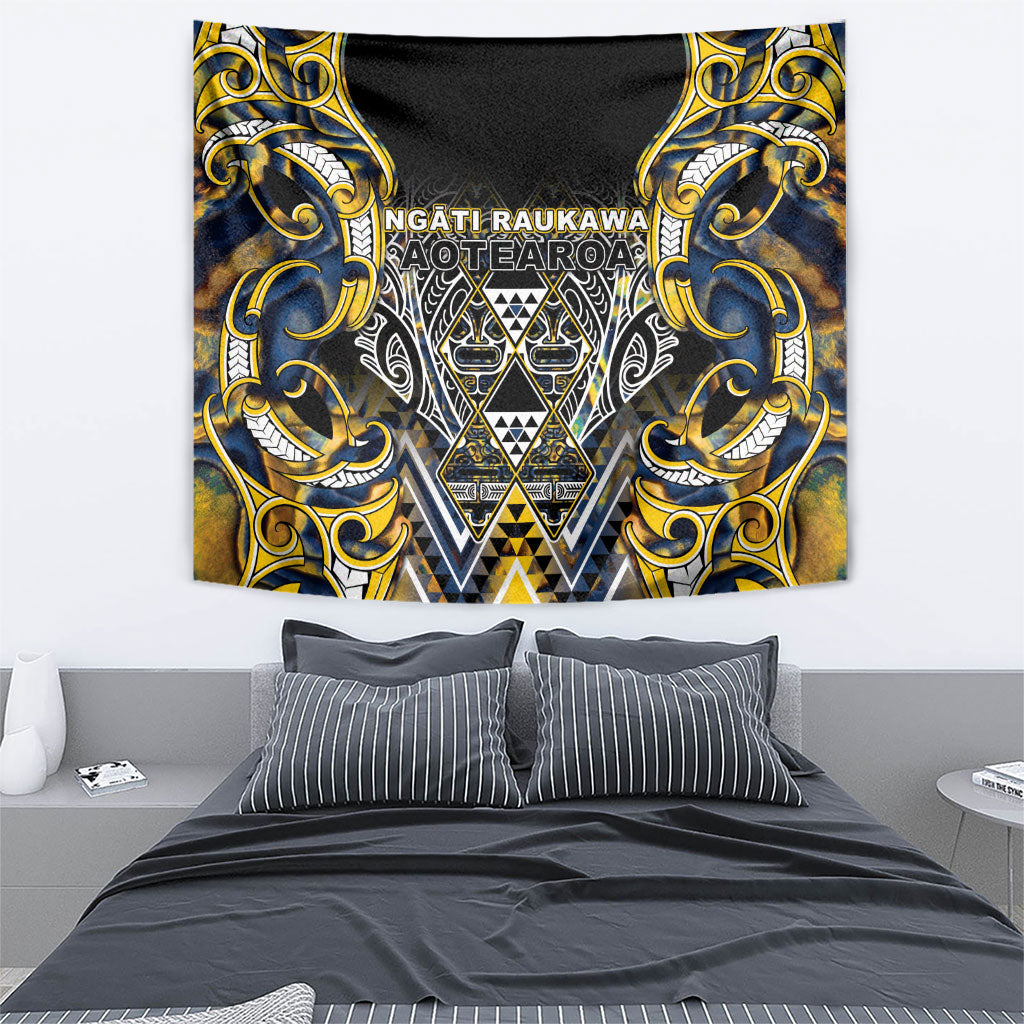 Aotearoa Ngati Raukawa Tapestry Maori Tribal Yellow And Navy Paua Shell Pattern DT05 - Polynesian Pride