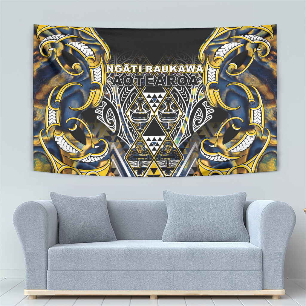 Aotearoa Ngati Raukawa Tapestry Maori Tribal Yellow And Navy Paua Shell Pattern DT05 - Polynesian Pride