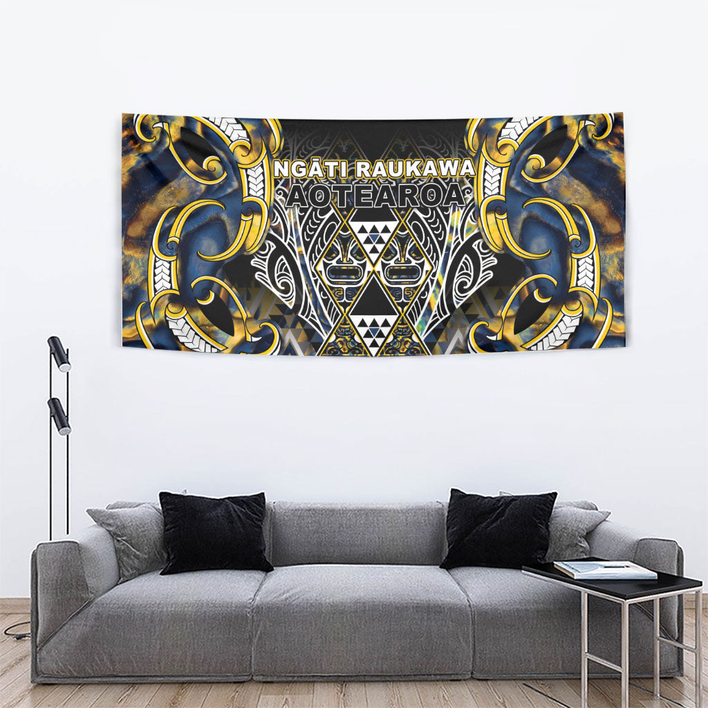 Aotearoa Ngati Raukawa Tapestry Maori Tribal Yellow And Navy Paua Shell Pattern DT05 - Polynesian Pride