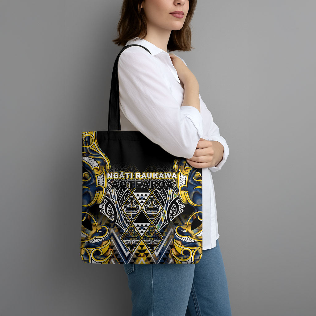 Aotearoa Ngati Raukawa Tote Bag Maori Tribal Yellow And Navy Paua Shell Pattern DT05 - Polynesian Pride