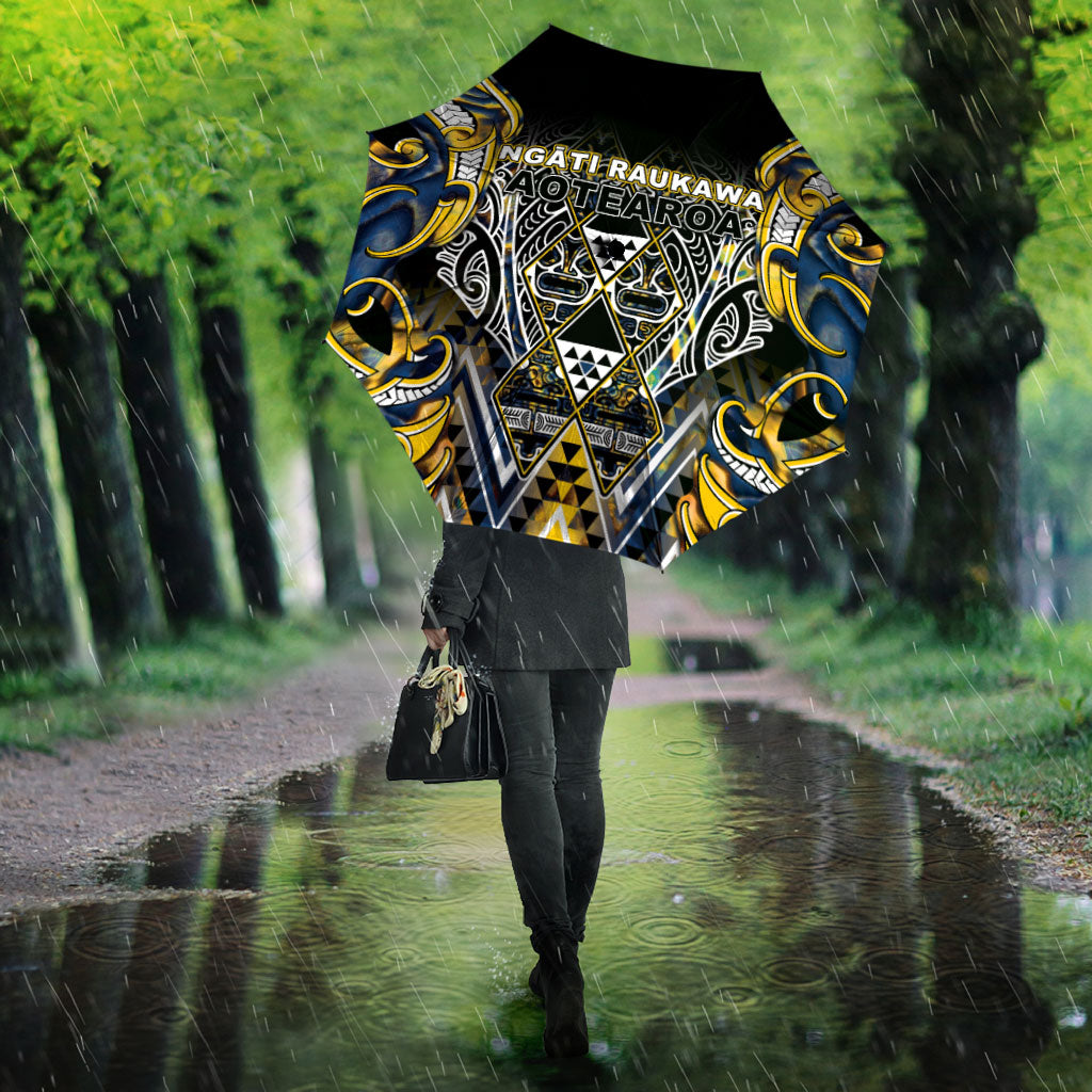 Aotearoa Ngati Raukawa Umbrella Maori Tribal Yellow And Navy Paua Shell Pattern DT05 - Polynesian Pride
