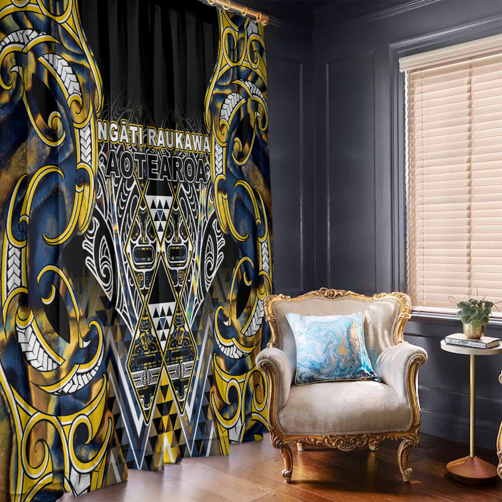 Aotearoa Ngati Raukawa Window Curtain Maori Tribal Yellow And Navy Paua Shell Pattern DT05 - Polynesian Pride