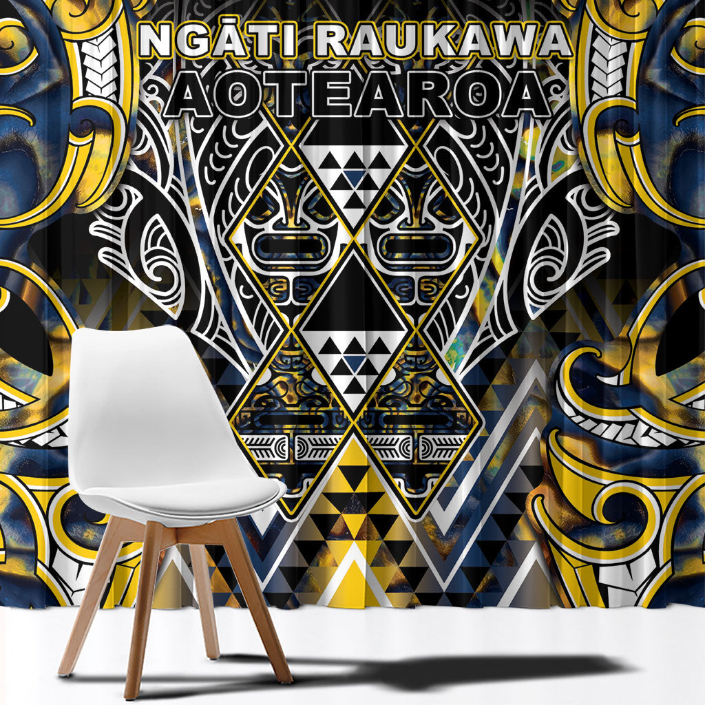 Aotearoa Ngati Raukawa Window Curtain Maori Tribal Yellow And Navy Paua Shell Pattern DT05 - Polynesian Pride