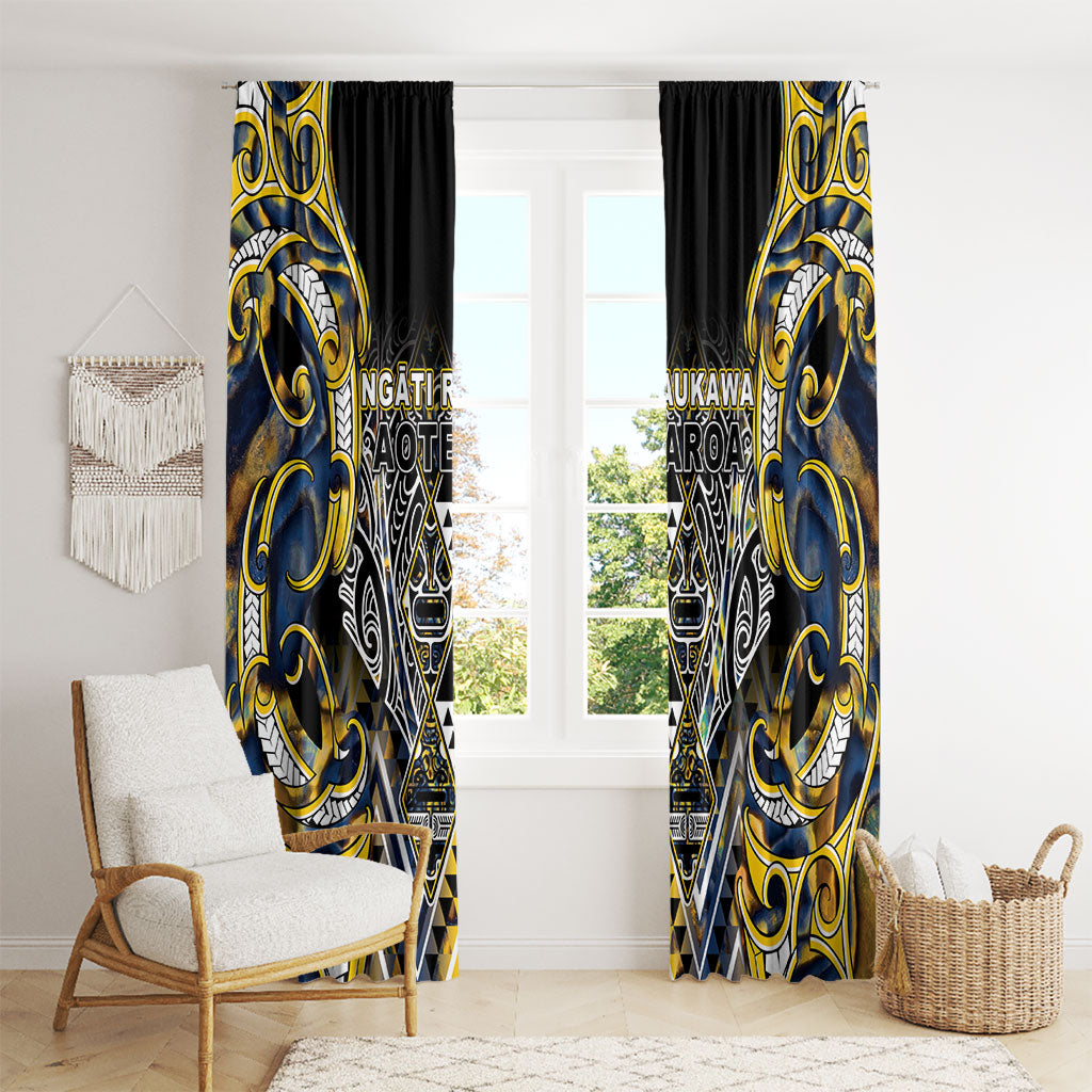 Aotearoa Ngati Raukawa Window Curtain Maori Tribal Yellow And Navy Paua Shell Pattern DT05 - Polynesian Pride