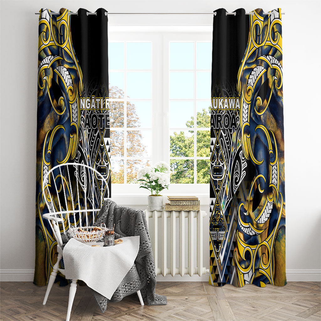 Aotearoa Ngati Raukawa Window Curtain Maori Tribal Yellow And Navy Paua Shell Pattern DT05 - Polynesian Pride