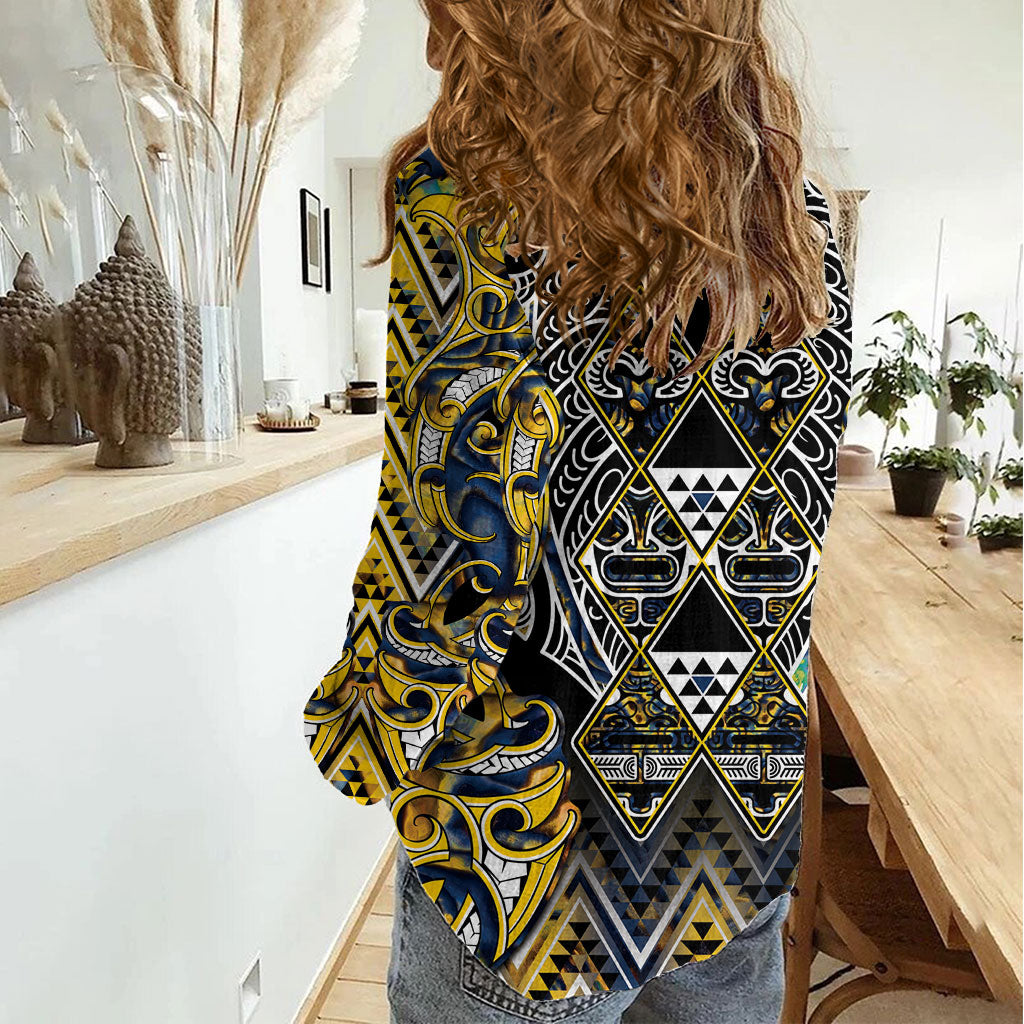 Aotearoa Ngati Raukawa Women Casual Shirt Maori Tribal Yellow And Navy Paua Shell Pattern DT05 - Polynesian Pride