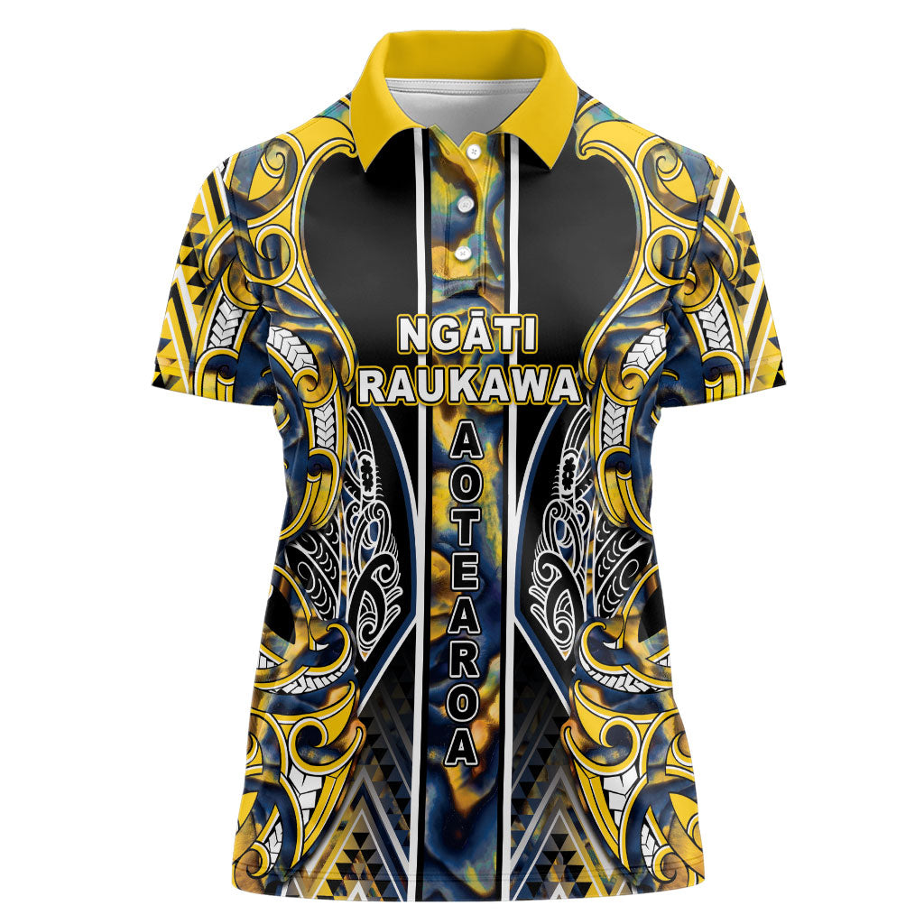 Aotearoa Ngati Raukawa Women Polo Shirt Maori Tribal Yellow And Navy Paua Shell Pattern DT05 Female Yellow - Polynesian Pride