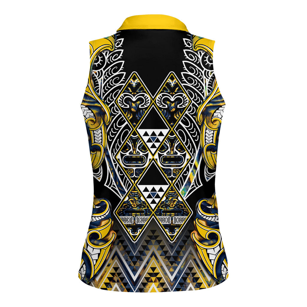 Aotearoa Ngati Raukawa Women Sleeveless Polo Shirt Maori Tribal Yellow And Navy Paua Shell Pattern DT05 - Polynesian Pride