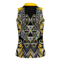 Aotearoa Ngati Raukawa Women Sleeveless Polo Shirt Maori Tribal Yellow And Navy Paua Shell Pattern DT05 - Polynesian Pride