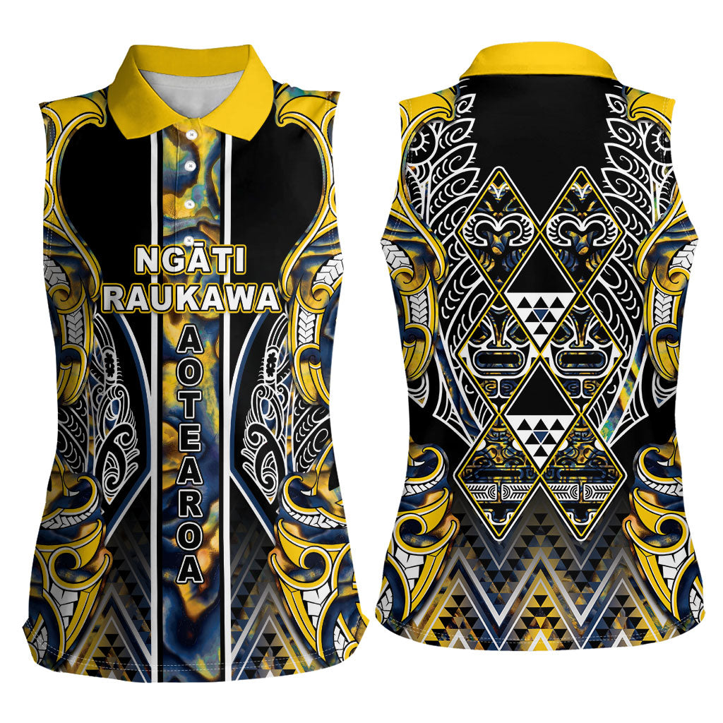 Aotearoa Ngati Raukawa Women Sleeveless Polo Shirt Maori Tribal Yellow And Navy Paua Shell Pattern DT05 - Polynesian Pride