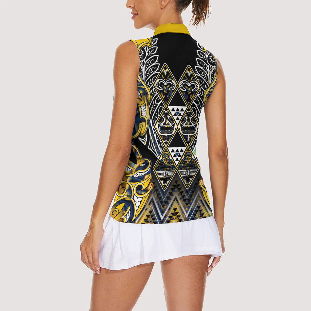 Aotearoa Ngati Raukawa Women Sleeveless Polo Shirt Maori Tribal Yellow And Navy Paua Shell Pattern DT05 - Polynesian Pride