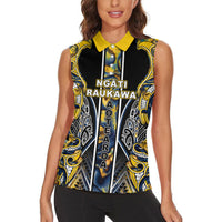 Aotearoa Ngati Raukawa Women Sleeveless Polo Shirt Maori Tribal Yellow And Navy Paua Shell Pattern DT05 - Polynesian Pride