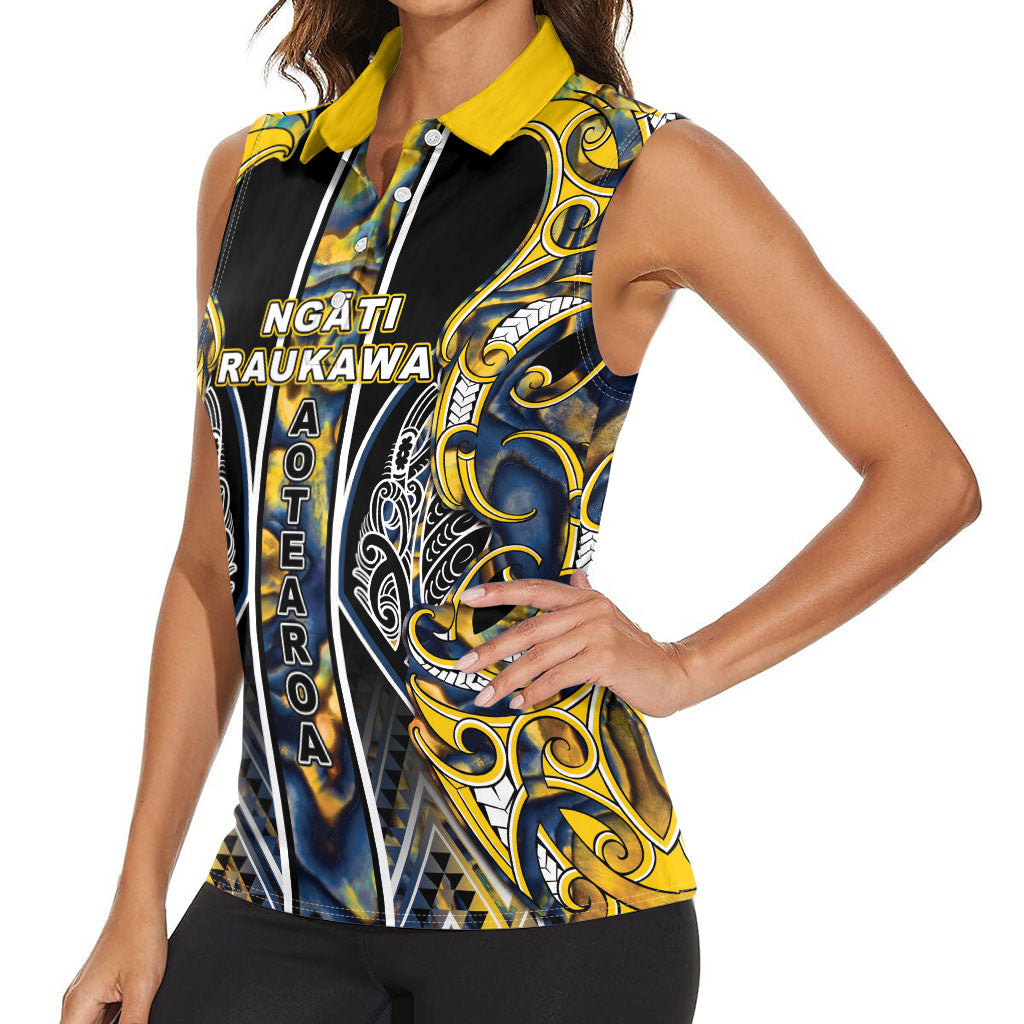 Aotearoa Ngati Raukawa Women Sleeveless Polo Shirt Maori Tribal Yellow And Navy Paua Shell Pattern DT05 - Polynesian Pride
