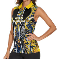 Aotearoa Ngati Raukawa Women Sleeveless Polo Shirt Maori Tribal Yellow And Navy Paua Shell Pattern DT05 - Polynesian Pride